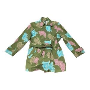 Gene Meyer Women's 14 Green Paisley All Over Prints Snap Belted Trench Coat